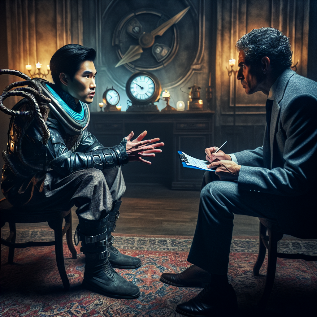 An intensely dramatic scene depicting a timeless interview. Center stage is an articulate, mysterious figure in futuristic attire, the Time Traveller. His Asian descent adds an extra layer of enigma to his persona. Across from him, a professional Hispanic journalist, attentively listening and recording the conversation. They are seated in a room filled with antique and futuristic elements harmoniously co-existing, leaving the viewers to ponder over the combination of the past, present, and future. In haste to make the most of this rare, shocking revelation, the journalist leans forward in anticipation, while the Time Traveller, composed, begins his astounding narrative.