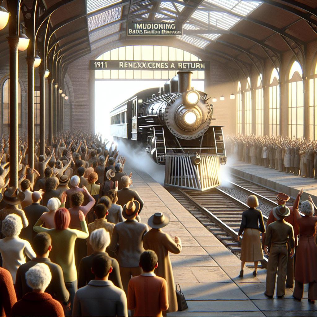 Imagine a scene where an antique train, first seen in 1911, inexplicably makes a return in 2021. The train should be of old, early 20th century design with classic steam-powered machinery. The environment should reflect a mix of historical and modern elements - perhaps an old train station with modern attendees witnessing the spectacle, their faces filled with surprise and awe as they observe this incredible discovery.