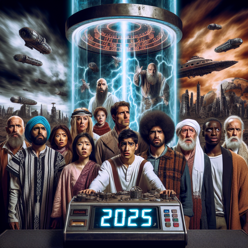 A dramatic scene depicting a group of time travelers, each from varied descents including Hispanic, Black, Middle-Eastern, Caucasian, and South Asian. They stand in front of a time machine, with expressions of determination and fear. They appear to be bypassing the year '2025' on the machine's digital display, possibly due to some catastrophic event predicted to occur that year. In the background, scenes of potential futures including dystopian and utopian landscapes, the former representing the year 2025 and the latter symbolizing the other timeline they hope to achieve.