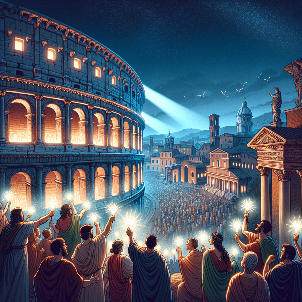 Illustrate a breathtaking scene of ancient Rome at dusk, with the buildings and monuments being magically illuminated by bright, electric lights for the first time. The Colosseum, the Pantheon, and the Roman Forum are each highlighted, casting a strong, vibrant glow against the twilight sky. Roman citizens, men and women of varying ages and different descents such as Caucasian, Black, Middle Eastern, and Hispanic, are marveling at the sight, expressing their joy and bewilderment. Nobody is sure about this mysterious energy source, but everyone feels a sense of historical significance.