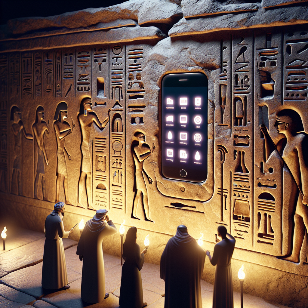 A depiction of an ancient Egyptian scene with hieroglyphics etched on a stone wall. A few of the hieroglyphics ambiguously resemble a modern smartphone with distinguishable features like screen, apps, and buttons. The scene is lit by the soft, warm glow of torchlight against the stone's texture. Please incorporate the surprise and awe felt by a group of archaeologists, comprising of a South Asian female, a Caucasian male, a Middle-Eastern female, and a Black male, in the foreground, examining these unusual glyphs.
