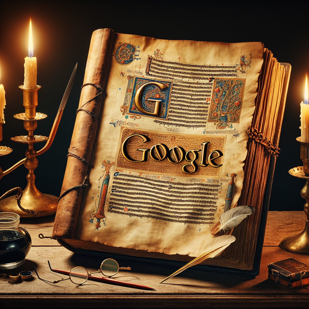 A medieval, parchment-like book sits on an antique wooden table. Its pages are filled with beautiful, ancient script and intricate illuminations. One page is distinct - instead of classical illustrations or texts, it contains the word 'Google' written with a quill in middle-age calligraphy. Ghastly gas lamps light up the scene, casting golden hues on the pages and highlighting the odd anachronism. Quills, an inkpot, and spectacles are scattered around, evidencing a scholar's frantic investigation. A sense of mystery and curiosity lingers in the air.