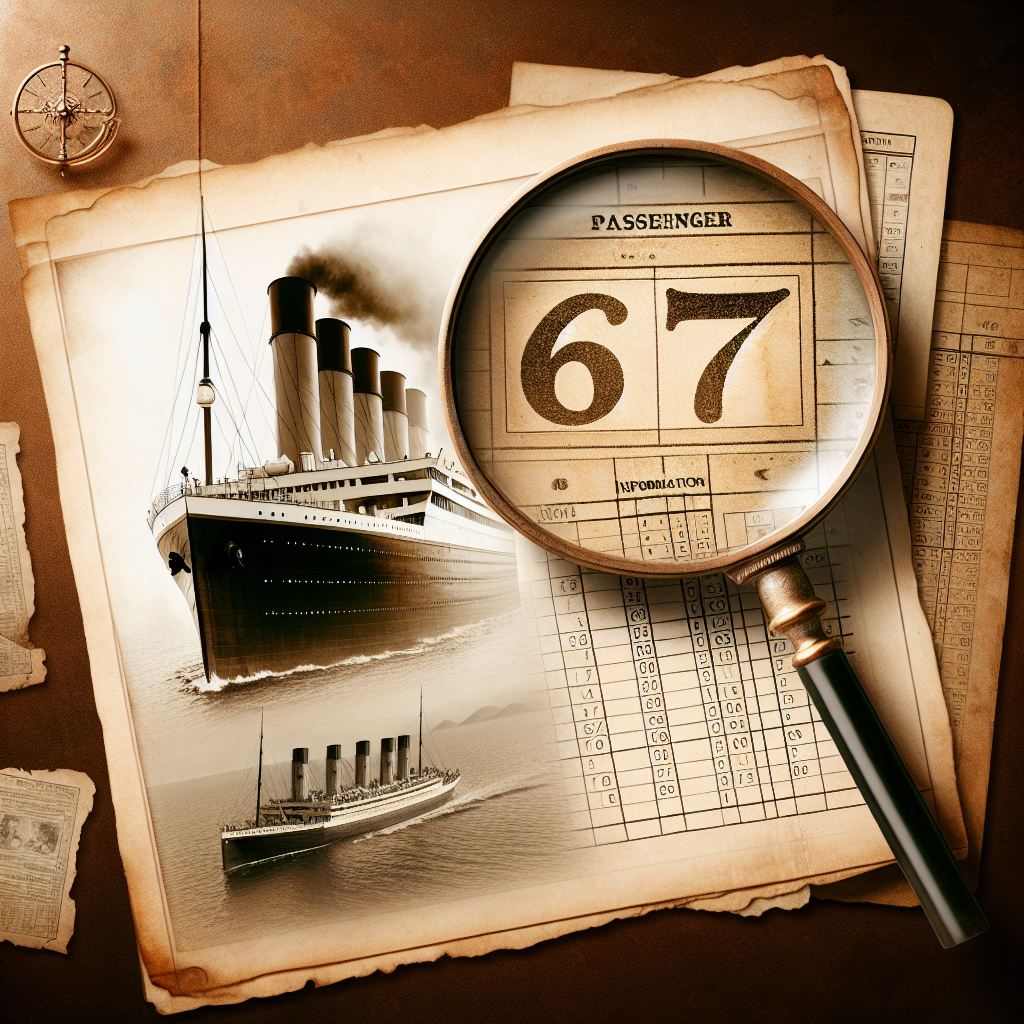 An intriguing scene for a historical article featuring title 'Passenger 67: Astonishing Revelation about the Titanic'. The image should encapsulate the essence of mystery and historical significance. On one side, display a vintage, sepia-toned photograph of the Titanic underway on its maiden voyage, with the majesty of its grand structure evident. On the other side, represent information in the form of an opened, antique document, perhaps a passenger list, with a highlighted number '67'. In the center, a magnifying glass should display the figure '67' in an enlarged, clear view.