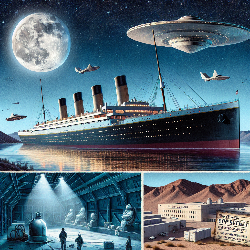 A historic ocean liner showcasing the majestic architecture of the early twentieth century, known as Titanic on a clear night with the moonlight reflecting on its surface. Nearby, a mysterious government facility located in an arid, isolated desert with marked by prominent 'Area 51' signage. A veil of secrecy surrounds it, prompted by unusual science-fiction like gadgets, unidentified flying objects hovering over it, and armed guards patrolling around. Unexpected ties between the two places are alluded by a hidden document with 'Top Secret' stamp, suggesting some uncanny connection.