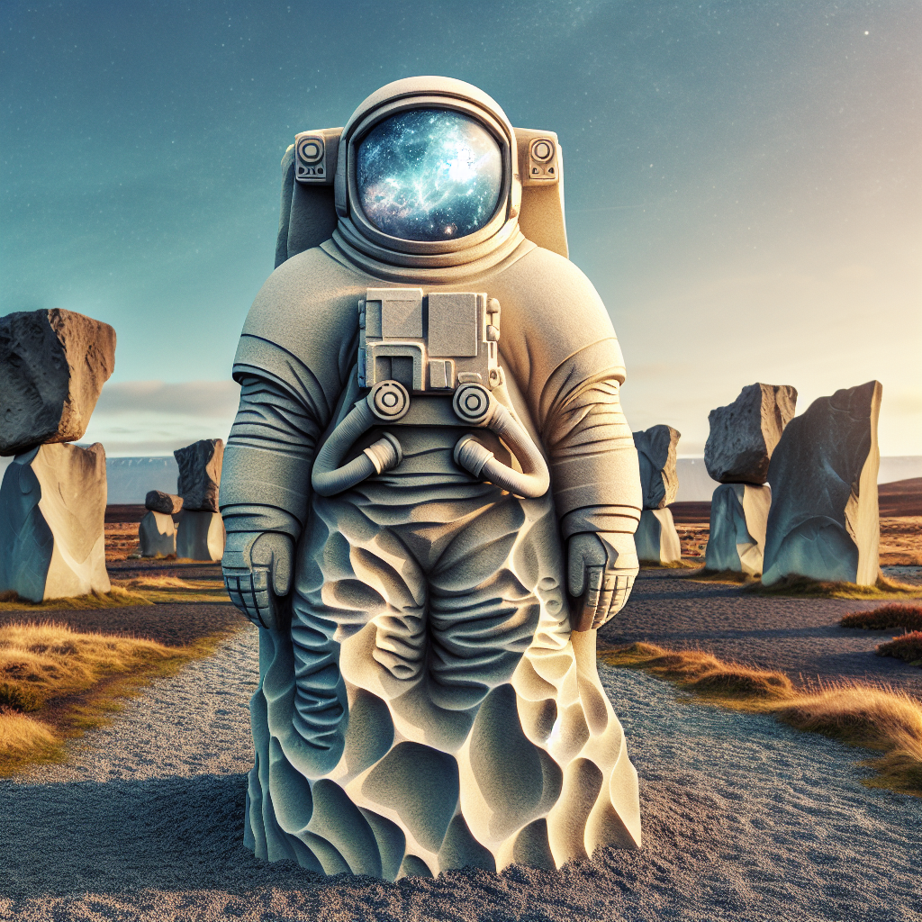 Imagine an awe-inspiring scene set in a remote, unearthly landscape. A fully suited astronaut, visor reflecting the peculiar alien flora and fauna, is surprisingly carved from natural stone. This astronaut sculpture, standing tall against the alien sky, represents a secret and astonishing discovery, making onlookers ponder our place in the universe.