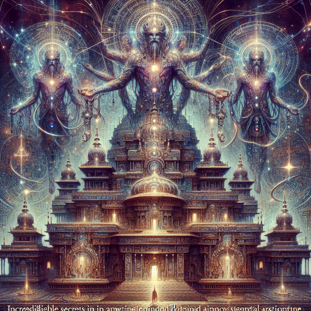 Illustrate an awe-inspiring temple with intertwining cosmic elements. At the forefront, depict Gods adorned in ornately detailed spacesuits, their celestial aura shimmering around them. This ancient mystical structure, although grounded in earthly design, should bleed hints of advanced sci-fi technology seamlessly incorporated into its architecture. Incredible secrets, represented as cryptic symbols and celestial maps, are scattered throughout the temple, hinting at the knowledge that these divine beings in their galactic uniforms possess. However, maintain a respectful and considerate representation of the subject matter, safeguarding its spiritual integrity.