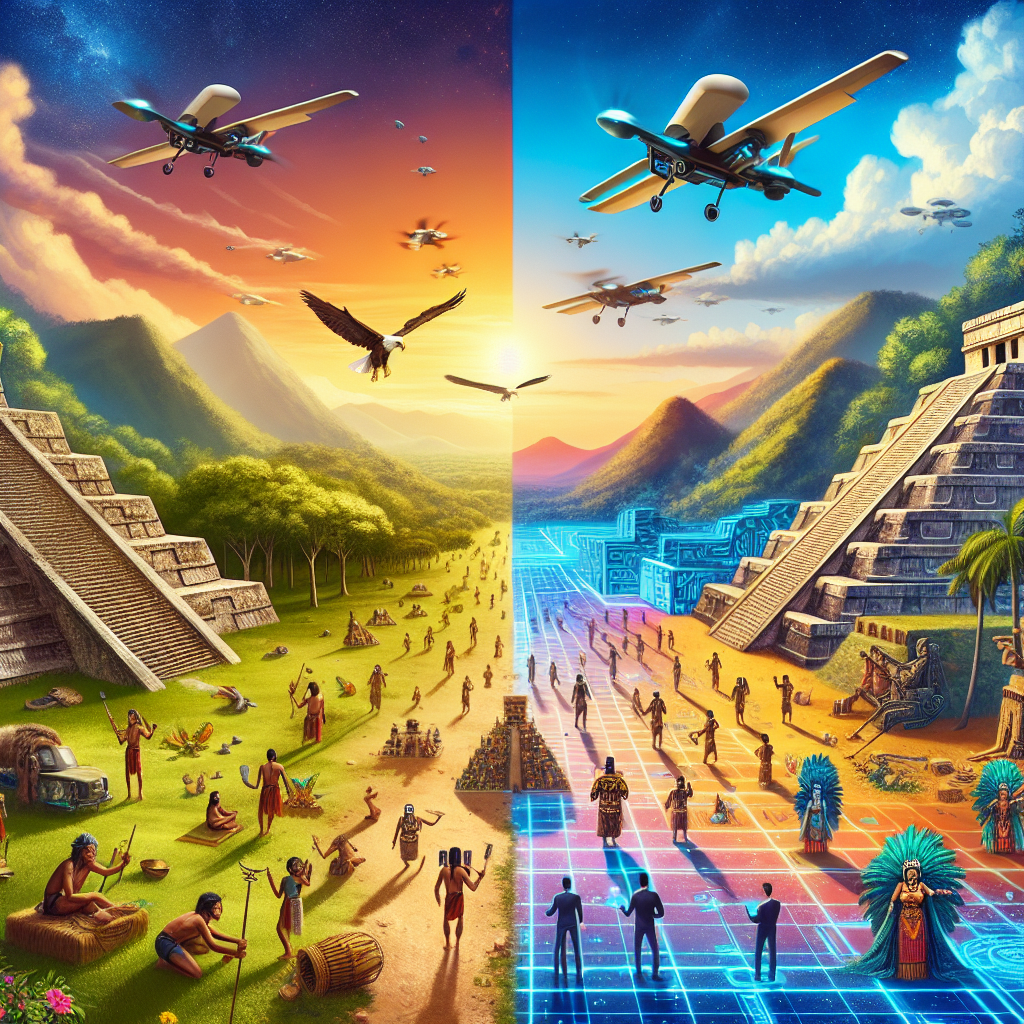 Visualize a striking blend of ancient and modern technology. On one side of the image, portray a scenic landscape depicting the vibrant Mayan civilization at its peak, with South American native individuals engaged in various activities amidst imposing pyramid-like structures; on the other, depict futuristic technology in the form of unmanned aerial drones flying overhead. The two worlds should coexist in harmony while promoting a sense of astonishment. Develop the picture with a touch of mystery, symbolizing the unveiling of an astonishing truth.
