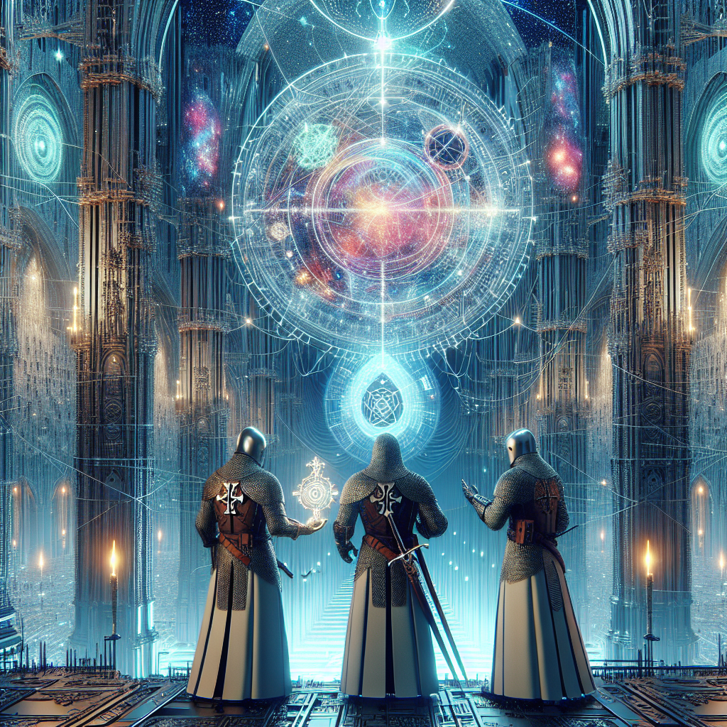 A virtual universe where Templar warriors traverse futuristic landscapes while protecting cryptic and astonishing secrets. They are clad in a blend of medieval armor and high-tech gear. They stand at the entrance of a grand, digitized cathedral, seemingly woven from threads of light. A secret, marked by an enigmatic hologram, gleams in their hands. Above them, binary stars bathed in technicolor hues illuminate the metaverse sky.