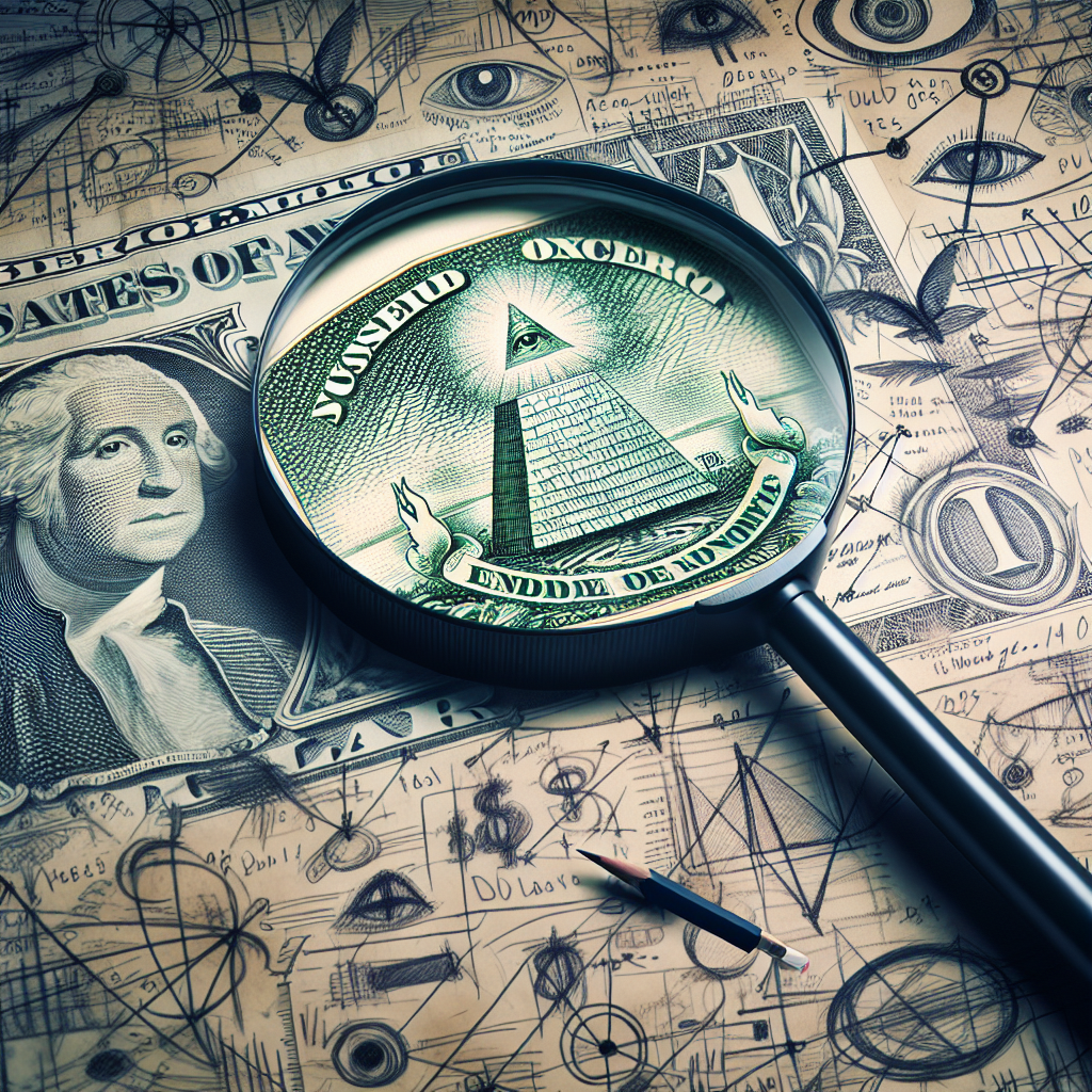 Visualize a US dollar bill through a magnifying glass, highlighting subtle intricate details and symbols. In the background, trace pencil sketches and scribbles suggesting theories, mysteries, and layered truths. The ambience should evoke a sense of detective-like investigation into hidden financial truths. Avoid direct representation of any conspiracy theories.