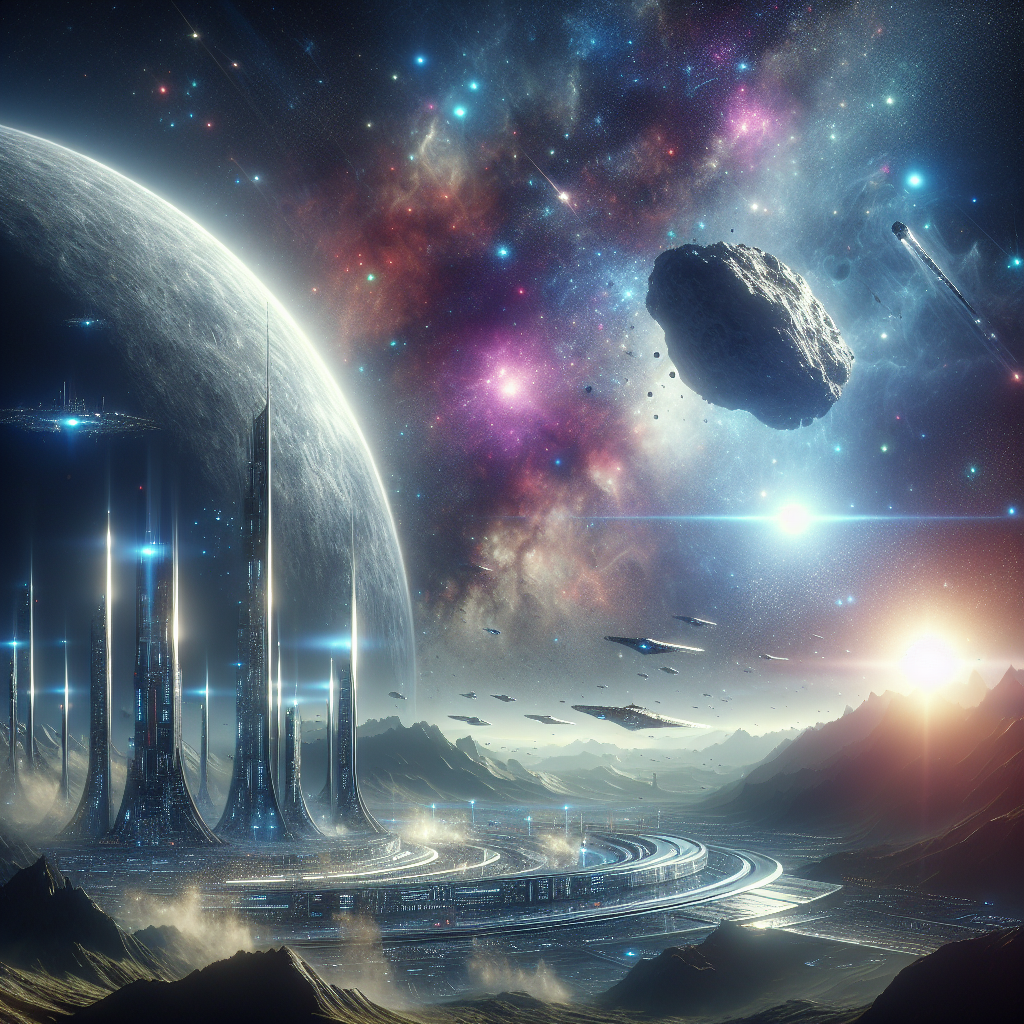 Imagine a scene that depicts a breathtaking moment in the universe. Picture an advanced civilization, sleek and elegant, hidden amidst the distant stars. Their buildings are high tech, glowing with mysterious energy, surrounded by an alluring nebula. Visualize these extraterrestrial beings, making astonishing contact with an asteroid. The asteroid, immense and rugged, is approaching their planet, illuminated by the light from a nearby star. Capturing this moment feels like witnessing a pinnacle of cosmic exploration and progress.