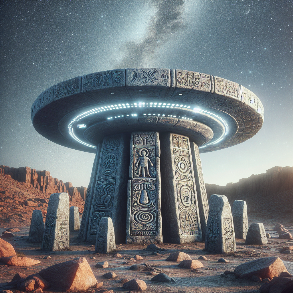 Render an intriguing image centered on ancient civilization's concept of divinity and their knowledge of transportation. It should feature a stone UFO monument carved with symbols and imagery that suggest a connection to gods, placed in a complex arrangement on a remote rugged terrain. The image should evoke a sense of mystique, provoking questions about extraterrestrial influences on early civilizations and their perception of deities. The sky above should teem with stars, suggesting a direct link between the cosmos and the stone structure on the ground. Please note that this scenario is fictional and imagined.