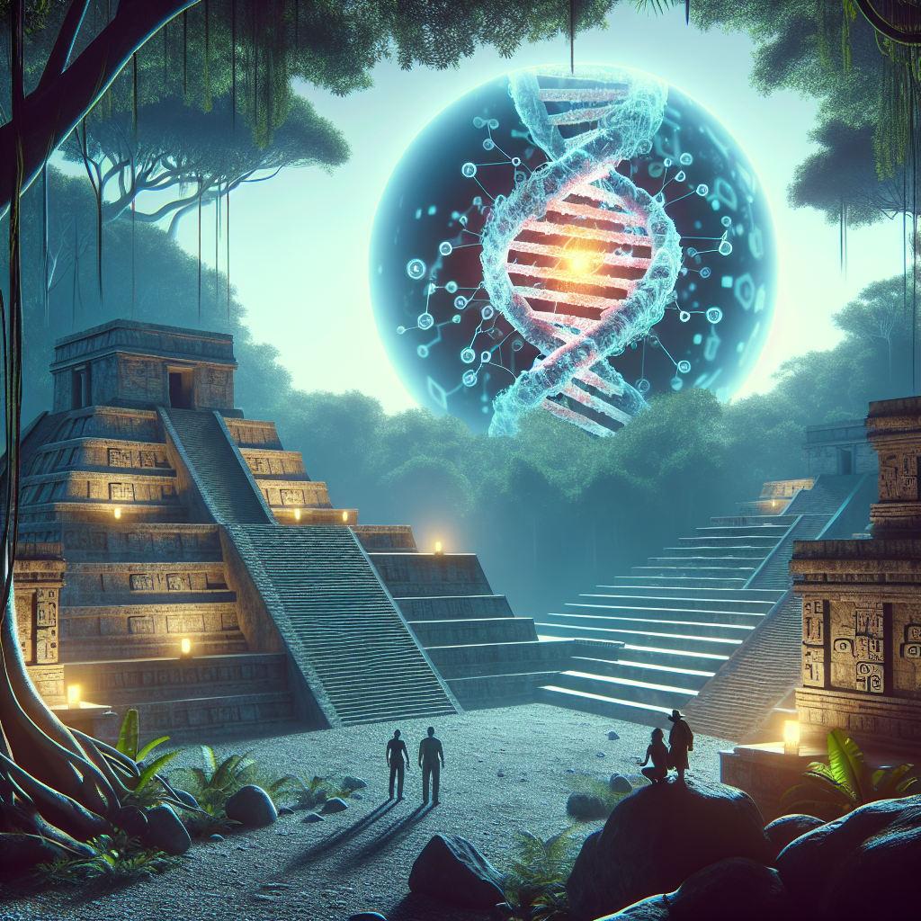 Visualize an enigmatic scene centered around Mayan temples. Illustrate the stone structures in detailed grandeur, nestled amidst dense, tropical jungles and under the glow of a mysterious moon. Add complexity to the scene with the inclusion of an unearthly, vibrant DNA structure, glowing and floating above one of the temples as though signifying a shocking revelation. Include the silhouettes of explorers of a variety of descents and genders, awestruck as they discover this alien secret hidden within the ancient civilization. Render details of Maya glyphs to emphasize the historical culture.