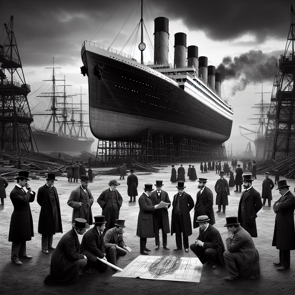 Imagine an early 1900s scene at a shipyard, where the grandeur of an identical twin of the Titanic is being built. The sky is overcast, hinting at the tragic future of the vessel. In the foreground, a group of men in period-appropriate attire - some Black, some Asian, some White - are whispering about a shocking secret related to this ship's fate. The whispering men reflect concern and fear. Nearby, blueprints of the ship can be seen, casting an ominous shadow on the ground. Contrast this with the ship's majesty and the pride on the faces of the wider workforce.