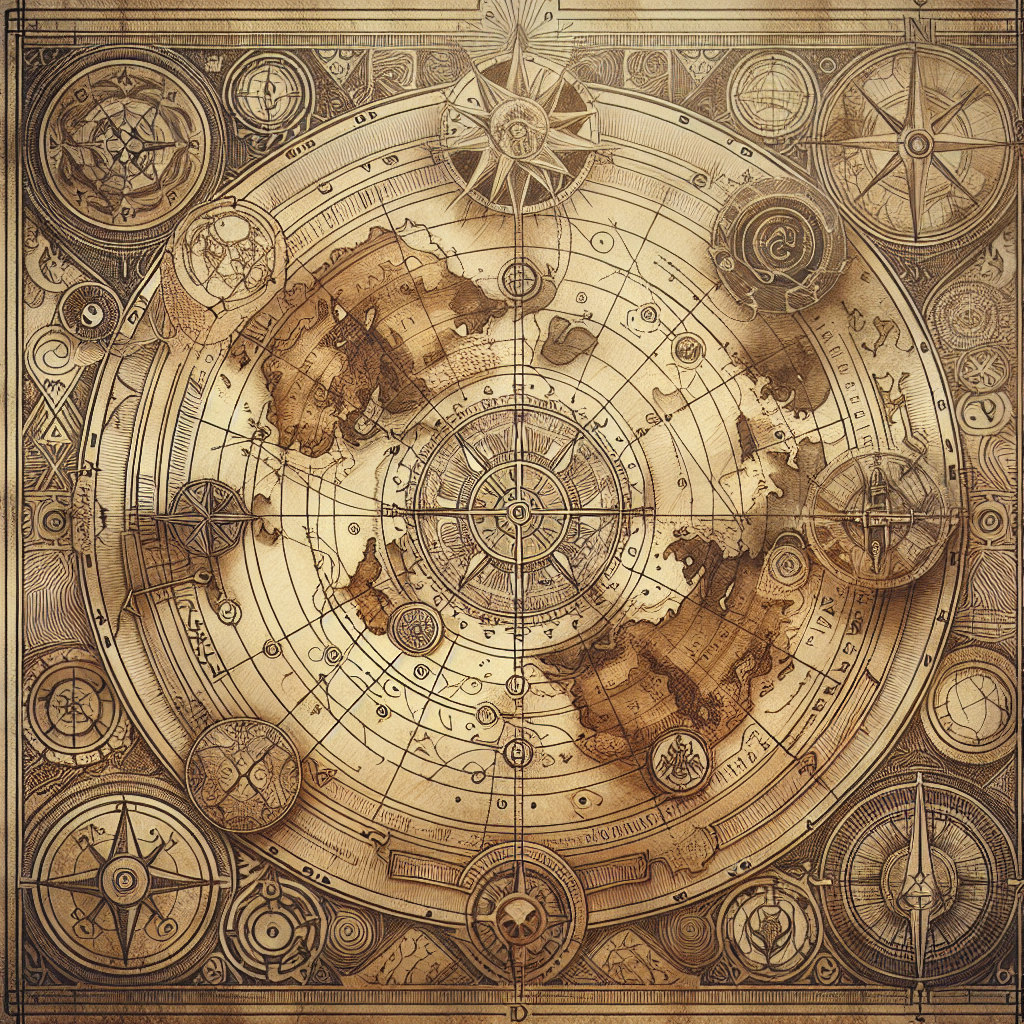 Create a visualization of an ancient map, intricately and meticulously drawn by hand, capturing considerable geographical detail. Include symbols of mythological creatures and strange locations to symbolize 'unknown territory'. Invoke the aura of ancient civilizations, forgotten by the passage of time. Make sure the map's material looks antiquated, made from parchment or weathered paper, and inked with faded, sepia-toned lines. Include old-world nautical symbols, compass roses, and latitude/longitude lines, to further intensify the historic and exploratory theme. Incorporate various runic or hieroglyph-style markings, as if hiding mysterious secrets within the map's design.