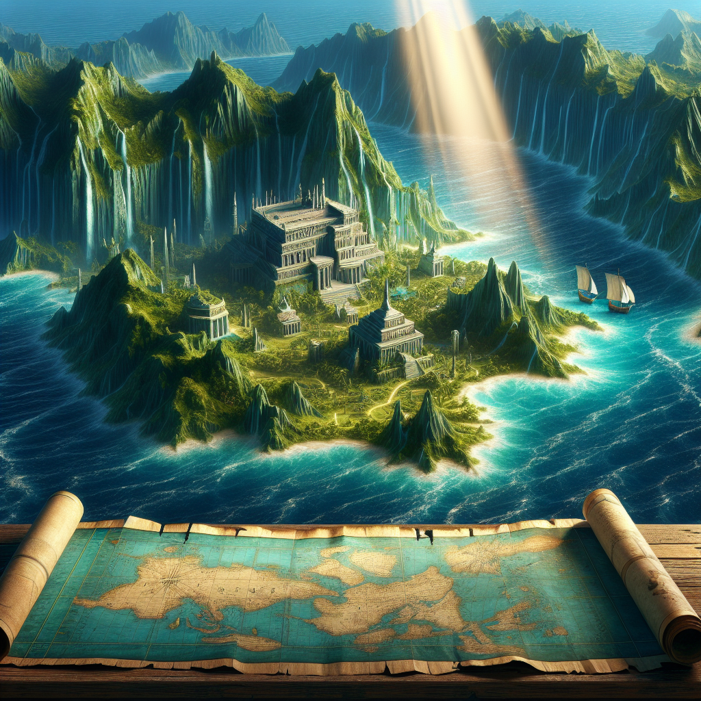 An image of the lost ancient continent of Lemuria, depicted as a beautiful, green, and lush landmass situated in the blue, shimmering ocean. Ancient, yet advanced architectural structures rise from the verdant valleys, indicating the peak of its civilization. An old, tattered map with LEMURIA printed in bold letters is seen unfurled on a wooden table at the front, hinting at its recent discovery. A ray of light shines on the map, symbolizing the revelation of the once mysterious secret.