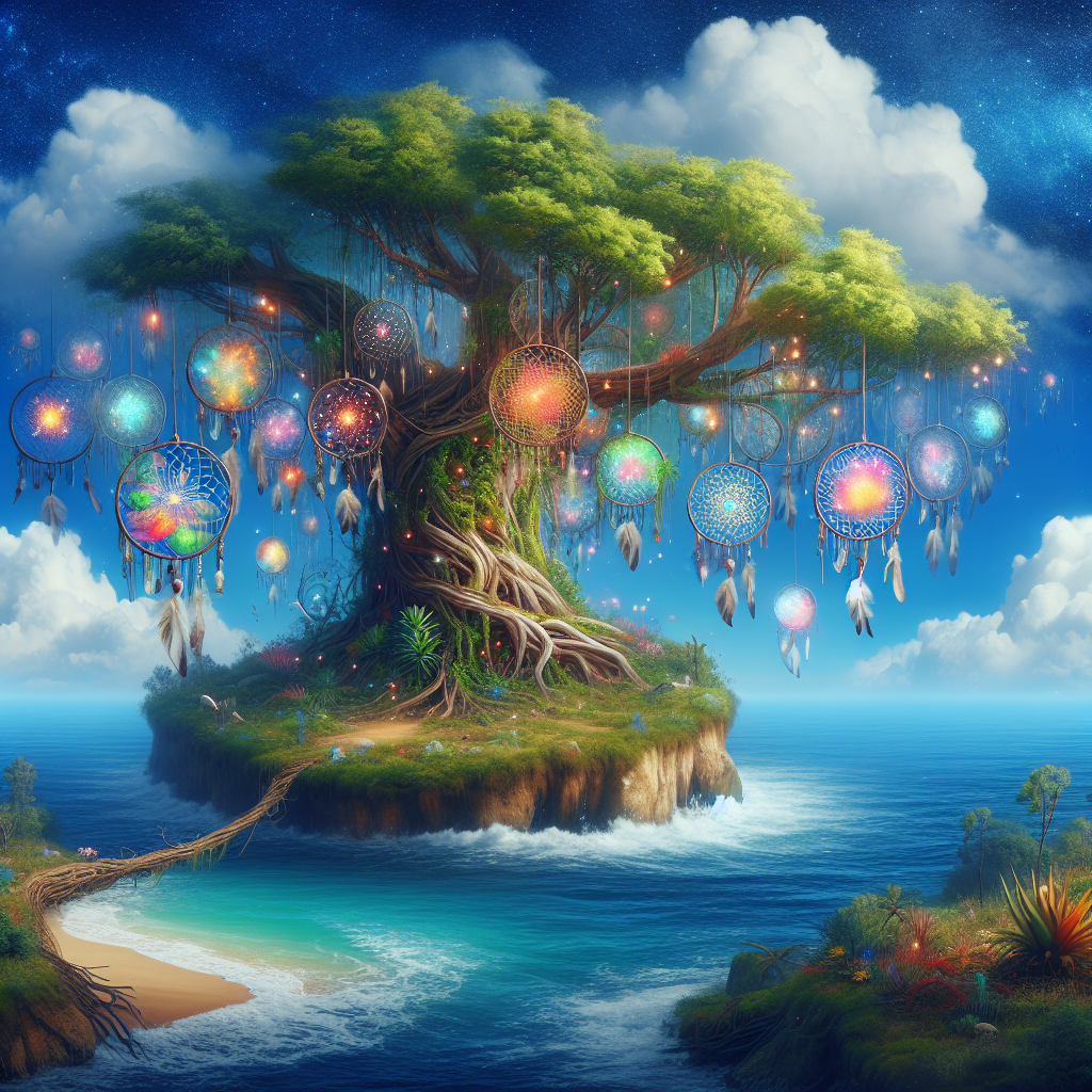 Picture a mysterious and secluded island surrounded by the azure blue sea under a sky filled with fluffy clouds. The lush greenery of the island is visible, with a variety of exotic plants and flowers blooming. In the center of the island, there's an ancient tree, with colourful dreamcatchers hanging from its gigantic branches, representing collective dreams. The whimsical essence of these collective dreams is shown through surreal figures, such as floating orbs of light and translucent, dreamy apparitions appearing on the island. The overall atmosphere of the image should convey mystery, wonder, and revelation.