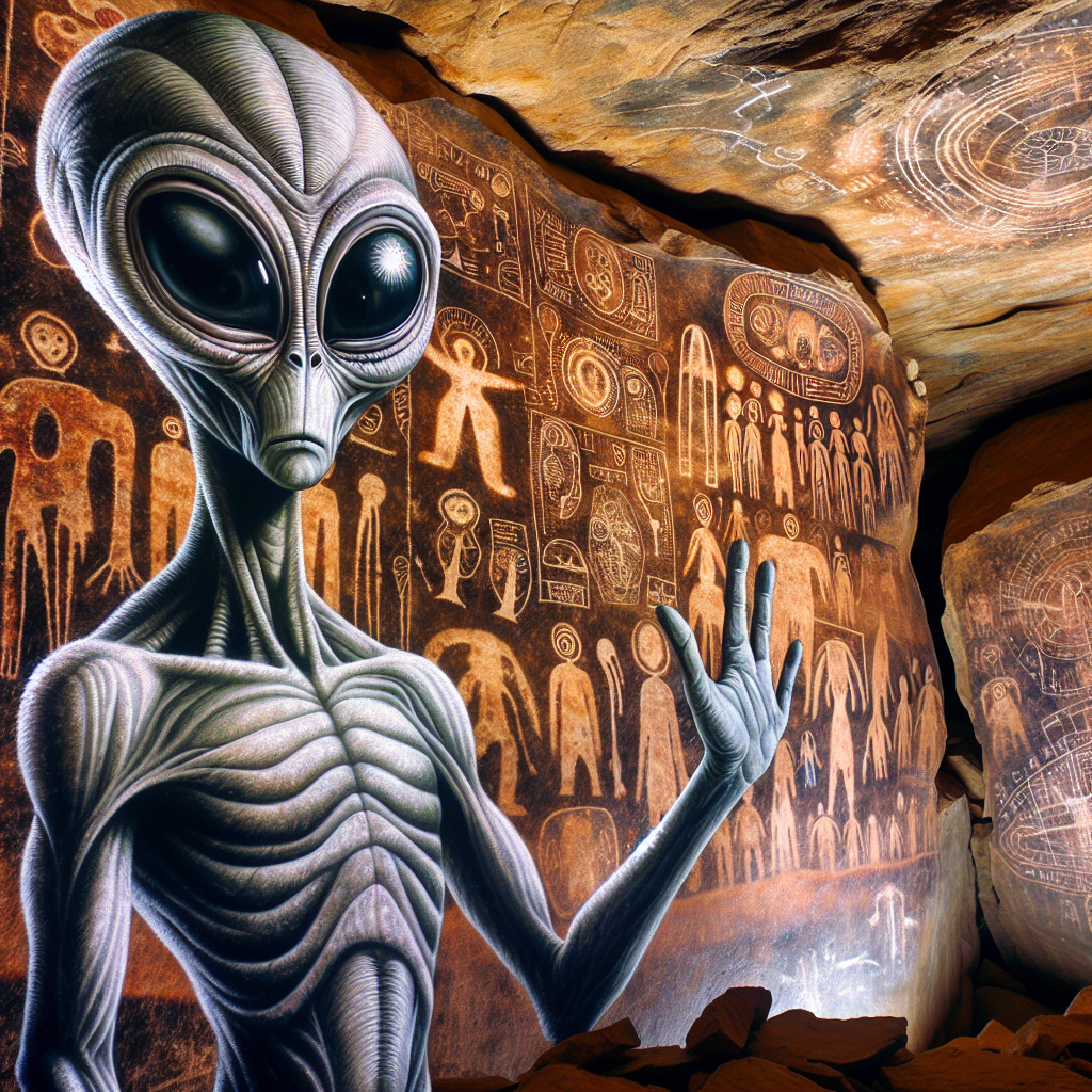 A detailed scene depicting alien contact: A vivid display of prehistoric caves revealing extraordinary, jaw-dropping revelations. The walls of these caves are adorned with unusual, complex petroglyphs, possibly indicating extraterrestrial contact. Against the backdrop of these mystifying petroglyphs stands a humanoid figure with distinctly alien features - large, almond-shaped eyes, elongated head, and slim body. Raising one hand in a gesture that could be interpreted as a greeting or communication, this figure presents a fascinating encounter between our ancient ancestors and potentially otherworldly visitors.