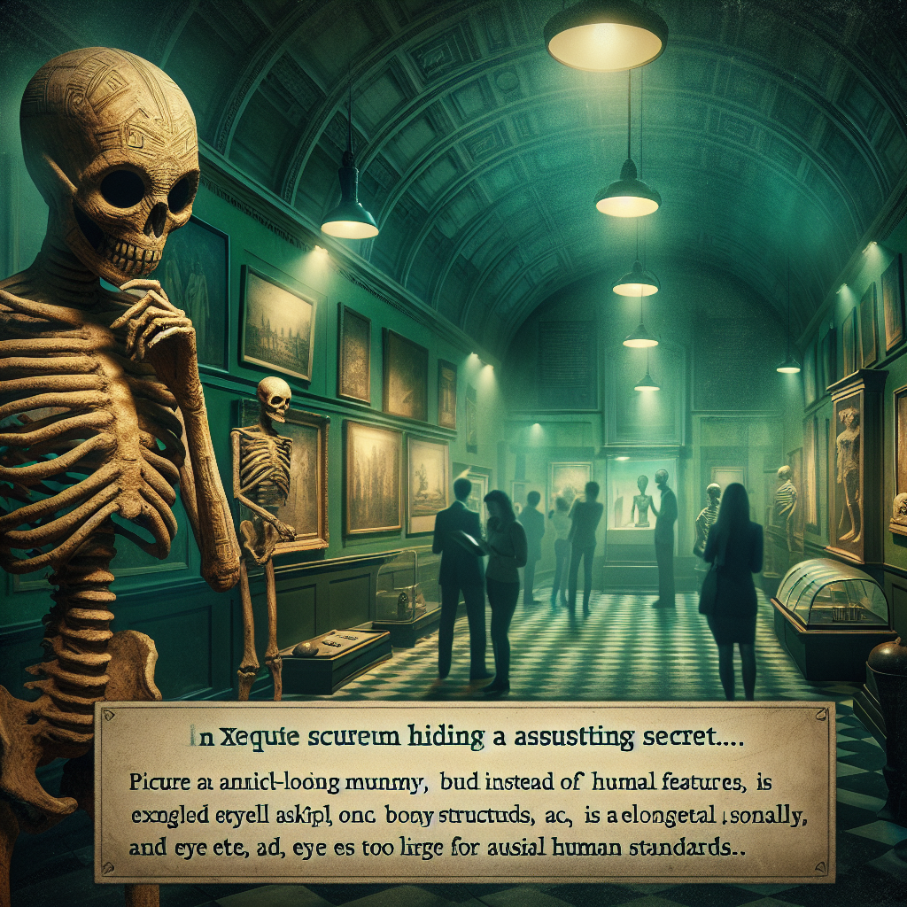 Create a scenario capturing an eerie museum setting hiding an astonishing secret. Picture an ancient-looking mummy, but instead of typical human features, it has peculiar, extraterrestrial aspects. An elongated skull, odd bony structure, and eyes too large for usual human standards. The museum environment itself should highlight historic artifacts, dimmed lights, and fellow curious visitors peering at exhibits. Incorporate a sense of mystery and strangeness to the depiction, reflecting the astonishing secret being kept away from public knowledge.