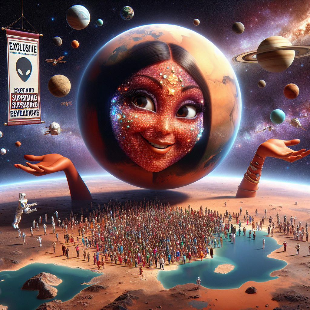 A detailed scene showing Mars, looking like a female anthropomorphized planet with a smile on its face, extending her arms in a welcoming gesture towards a group of tiny humans of various genders and descents - Caucasian, Hispanic, Black, Middle-Eastern, South Asian, who appear to be floating in space towards her. The backdrop is the vast cosmos sprinkled with stars and galaxies. On the left side of the image, a banner hangs in space with the words written 'Exclusive and Surprising Revelations.'
