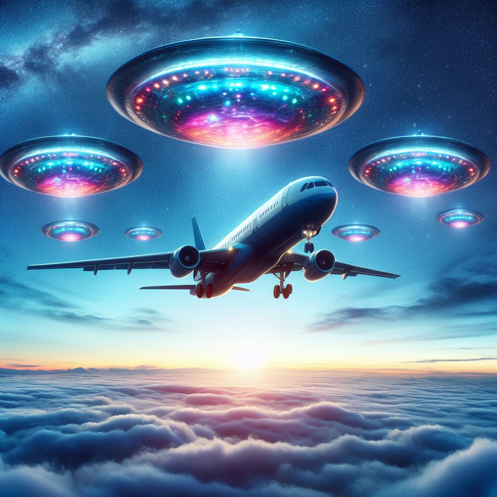 A breathtaking and puzzling scene featuring unidentified flying objects (UFOs) escorting a commercial airliner in the sky. The UFOs are cylindrical objects glowing in an iridescent palette of colors, casting a mysterious ambiance. The angular airliner is depicted with intricate detail, prominently displaying its wings and jet engines. The backdrop is an ethereal twilight sky with wisps of clouds gently spread out, creating a stark contrast to the otherworldly visitors. The entire scene induces an air of awe and perplexity, adding intrigue to the concept of extraterrestrial life.
