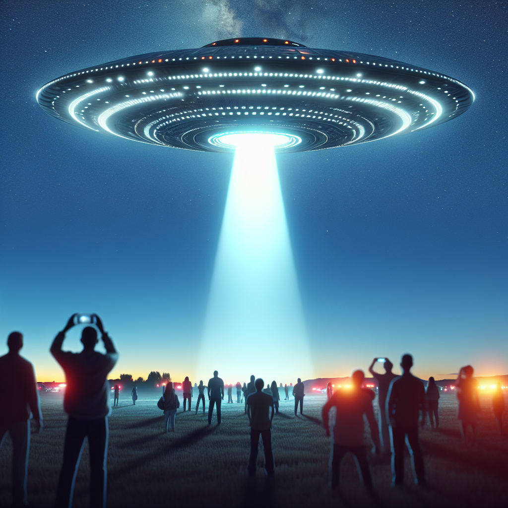 A large, towering invisible spaceship hovering in the dusk sky, surrounded by bright lights. The UFO's outline is barely discernible against the darkening horizon due to its invisibility. People on ground are gaping at this unusual sight with dropped jaws and wide eyes, their expressions delineating a mix of fear, awe, and astonishment. A representation of a recording device, perhaps a camera or a smartphone, is capturing this breathtaking spectacle. The scene conveys the impact and breathtaking nature of the event.