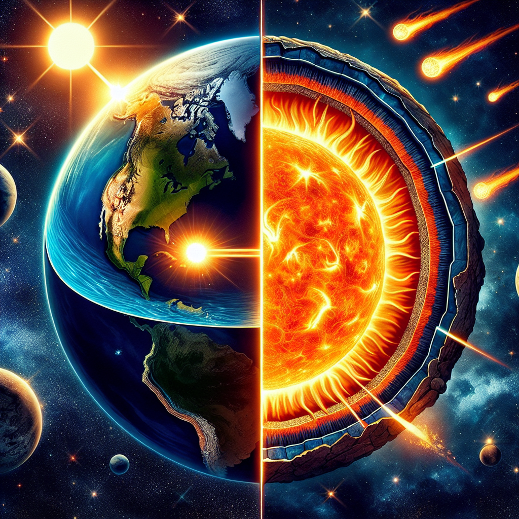 Depict a riveting theory where the sun is hidden within the Earth. In one half of the image illuminate the darkness of outer space with twinkling stars and comet trails. In the other half, picture the Earth cut away to reveal a blazing sun simmering at its heart. Show the various layers of the Earth – the crust, mantle, outer core, and inner core – with the mighty sun replacing the core. Overflow the Earth's interior with sun beams escaping through the cracks.