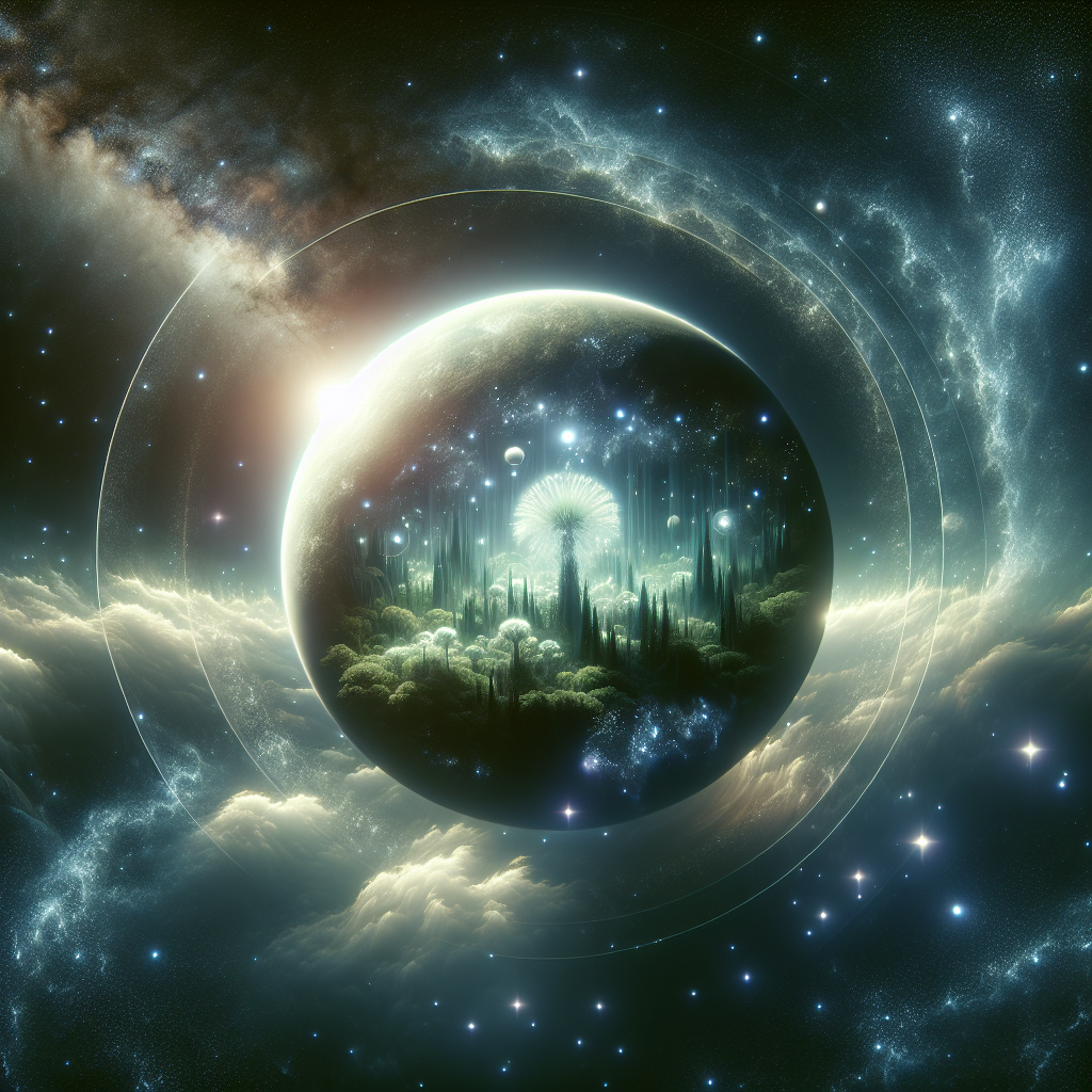 An intriguing visualization portraying an unknown planet hidden amongst the vast cosmic universe. It stands shrouded in mystery and enigma, surrounded by twinkling stars and swirling galaxies. Astonishingly, the planet has an ethereal glow, which clearly distinguishes it from any known celestial bodies. Spectacularly, this planetary marvel reveals its shocking secret: a verdant thriving ecosystem hidden beneath its opaque atmospheric shell. Spectacular alien flora and unique wildlife procreate and thrive in this concealed oasis, making it a testament to the unexplored mysteries of the universe.