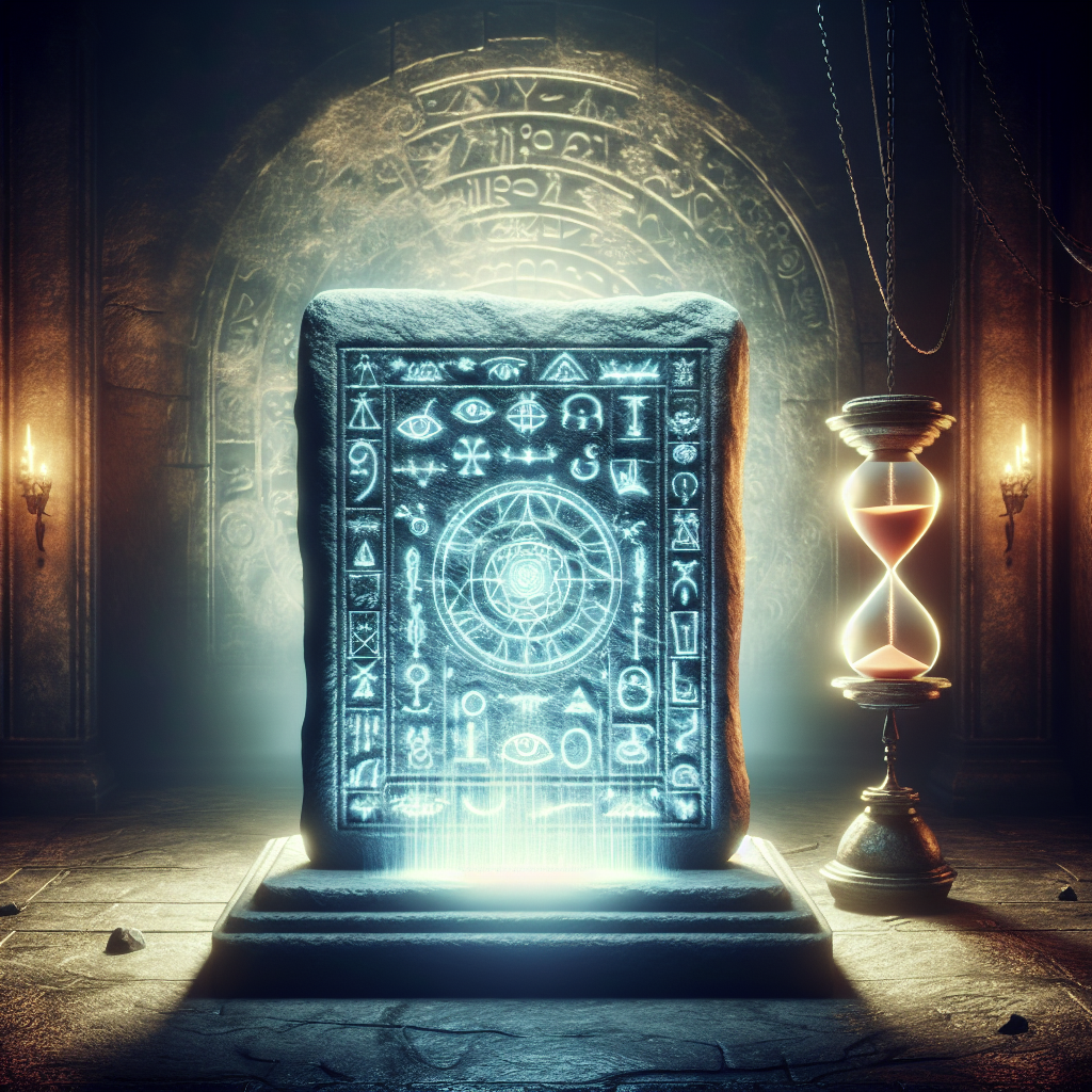 Visualize a mysterious, ancient stone tablet, engraved with unknown symbols and glowing slightly in a dimly lit room. The atmosphere is enveloped in a veil of enchantment and secrecy. The tablet hovers above a stone pedestal, inviting inquisitive eyes to unlock its secrets. The background alludes to centuries-old legends and hidden truths about the concept of immortality. The concept of time is represented through an hourglass, gradually spilling grains of sand, symbolising the unending passage of time, contrasted with the idea of eternal life. Remember, it's not meant to induce fear, but awe and intrigue.