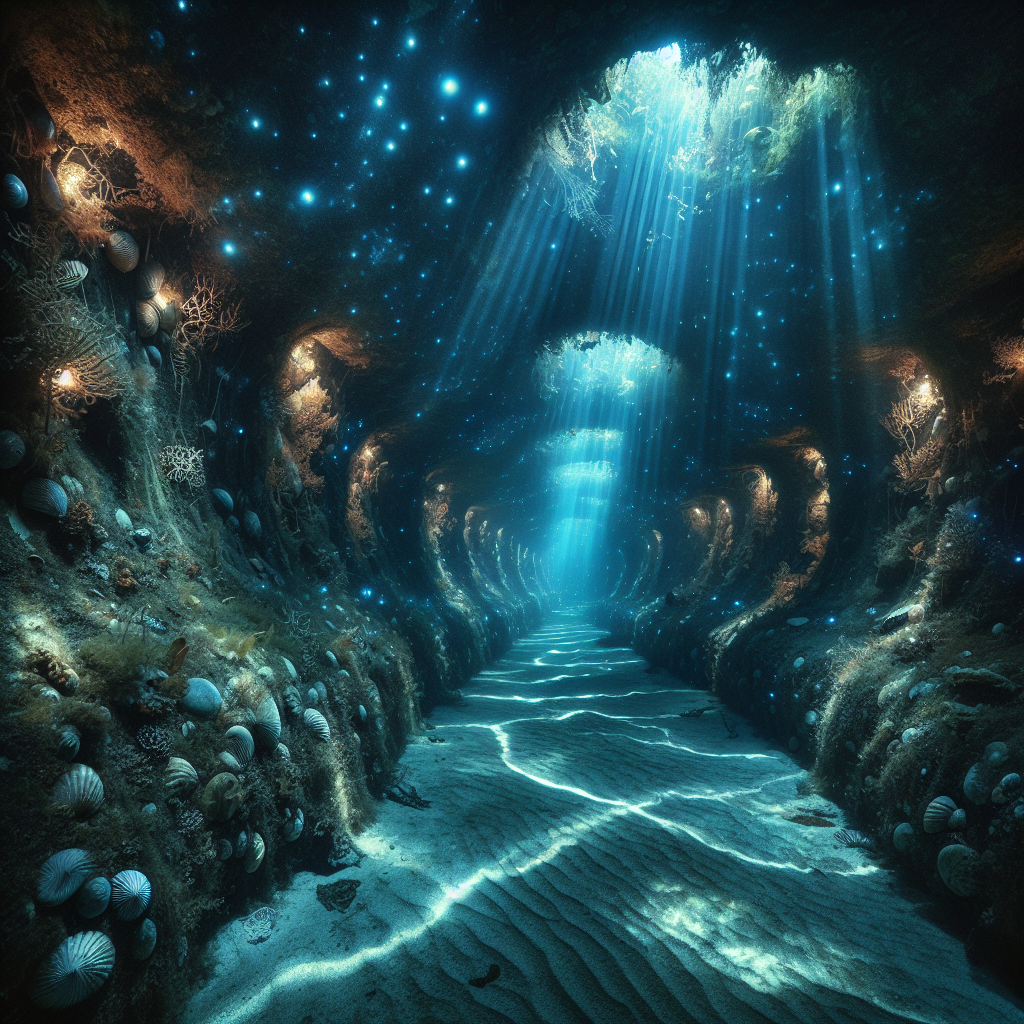 A hidden maritime tunnel: An enchanting view of a hidden pathway snaking beneath the earth's surface, lit by bioluminescent organisms. The walls of the tunnel are studded with a variety of shimmering seashells and intricate coral formations. Scattered rays of sunlight filtering through cracks in the roof create a mystical atmosphere. The tunnel expands into an underwater network and the distance is obscured by a foggy blue haze. Some distant, shadowy figures are exploring this magical subterranean world. Dramatic underwater currents gently sway marine flora and ripple over the sandy floor, mirroring the dynamic world above.