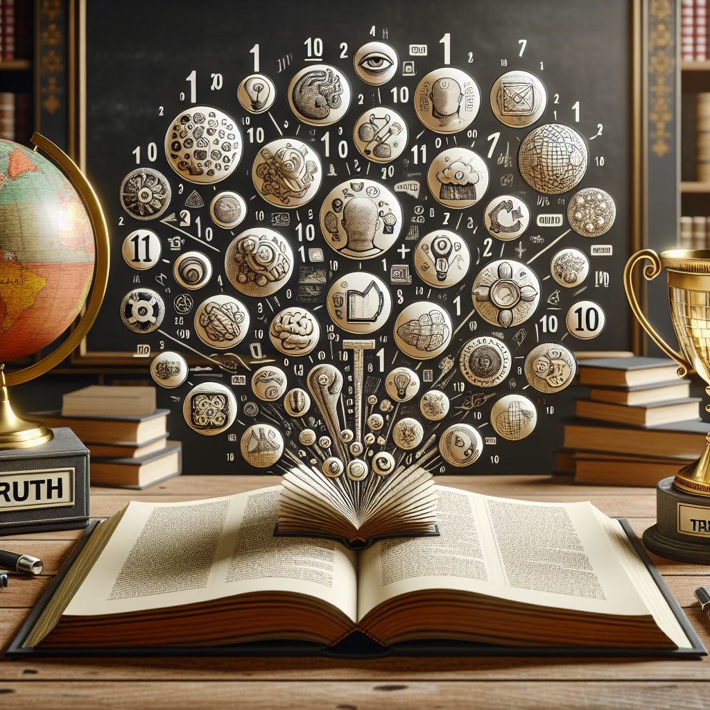 An open book on a table with illustrated icons of 10 unconventional theories floating out of it. Each icon is numbered from 1 to 10, presenting in a visually complex yet clear layout. A golden trophy labeled 'Truth' stands to the side, highlighting the fact that these theories were proven correct. The environment around the table is a classic study with a globe nearby, suggestive of knowledge and discovery.
