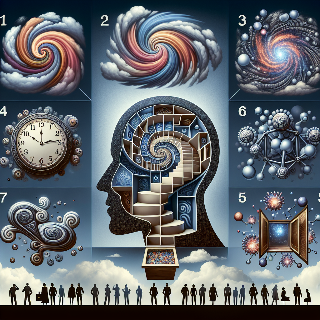 Create an intriguing and mysterious visual that depicts five enigmatic phenomena that challenge human logic. These could include: 1) a paradoxical thought experiment symbolised by swirling shapes and contorted figures fading into a vast grey mind; 2) a spiraling, infinite staircase that bends and overlaps itself in a continuous loop, defying architectural principles; 3) a clock with twelve hands, each pointing at different time zones, denoting simultaneity; 4) uncannily similar molecular structures of disparate objects, symbolizing molecular mimicry; 5) opening of a Pandora's box with unanticipated consequences pouring out. All elements visually embodied within an ambiguous silhouette of a human head, with a diverse crowd of curious observers at the bottom.