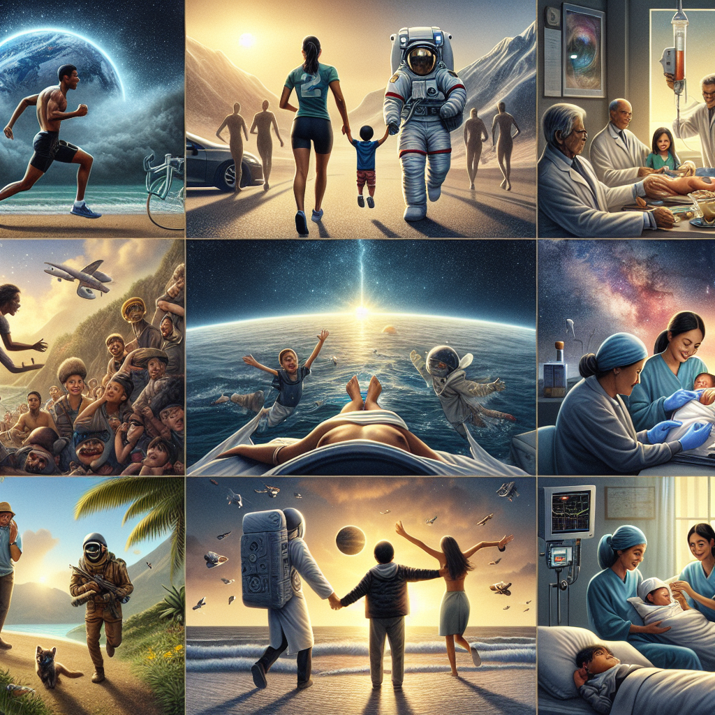 A detailed visualization capturing the essence of ten exclusive moments where time seemed to stop. Picture 1: A Hispanic male athlete is about to cross the finish line. Picture 2: A South Asian woman is standing on top of a mountain, arms outstretched in victory. Picture 3: Two Caucasian doctors successfully complete a difficult surgery. Picture 4: A Middle-Eastern astronaut witnesses Earth from space for the first time. Picture 5: A Black scientist is triumphant upon a groundbreaking discovery. Picture 6: A White female hiker reaches an awe-inspiring vista. Picture 7: An elderly Asian man grasps the hand of a newborn baby. Picture 8: A couple of diverse descents locks eyes for the first time. Picture 9: A group of children passionately playing a musical composition. Picture 10: A mesmerizing sunset over an untouched tropical beach.