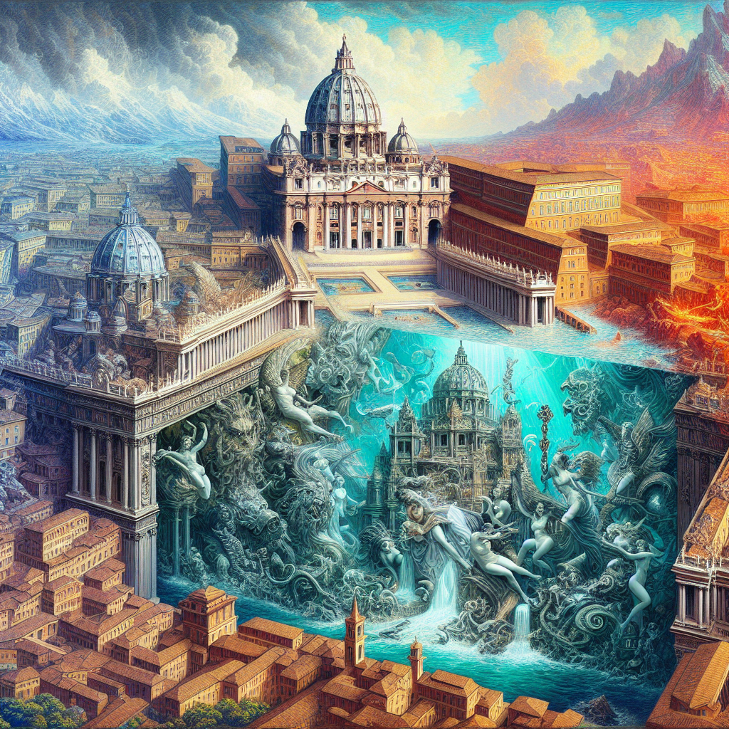 Picture an intricately detailed map of the Vatican, rich in its historical architecture and cultural symbolism. Suddenly, it transforms, revealing a hidden layer that discloses the mythical city of Atlantis. The grandeur of the legendary underwater city, with its mythological creatures, advanced technology, and grand buildings, is projected in vivid detail. The juxtaposition of ancient belief systems and historical constructs is significant, offering a thrilling image of two very different worlds colliding.